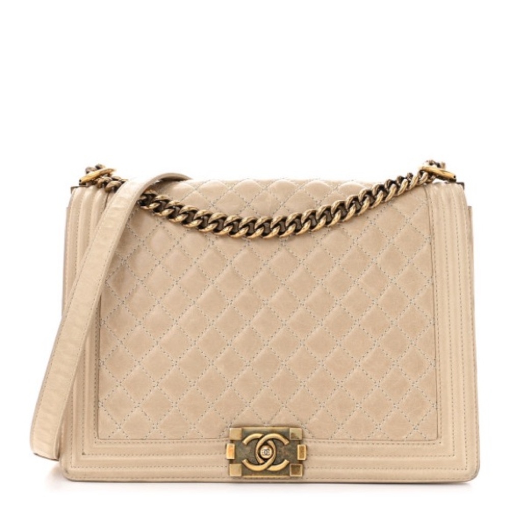 Authentic CHANEL 
Glazed Calfskin Quilted Large Boy Flap Beige